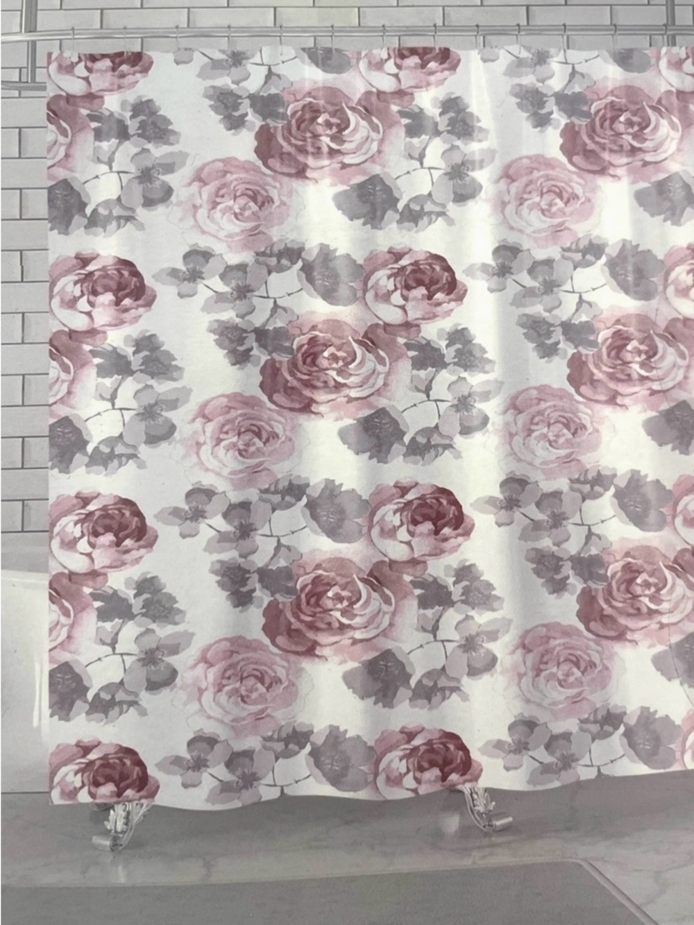 Flowers In Bloom White Pink Gray Shower Curtain 70x72 Floral Fabric NEW NWT